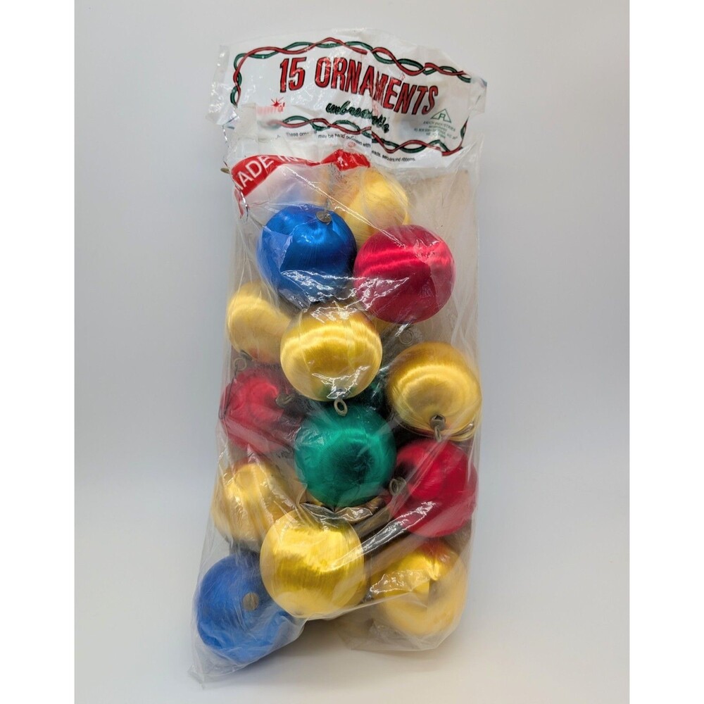Vtg Pyramid Satin Ball Round Christmas Ornaments Red Green Yellow Lot of 18